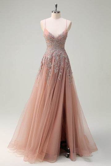 Blush A Line Spaghetti Straps Lace Up Back Appliqued Abito da cerimonia lungo con fessura